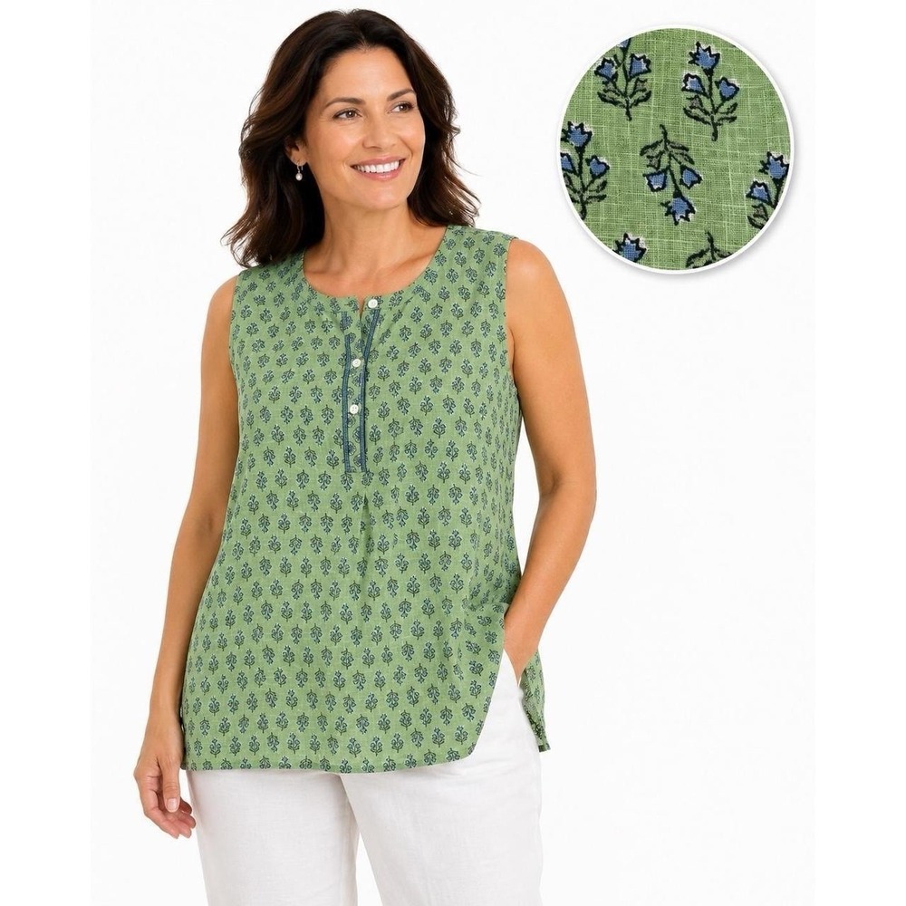 Pure Jill 100% Linen Sleeveless Floral Print Tunic Top Green Sz 2X EUC Boho